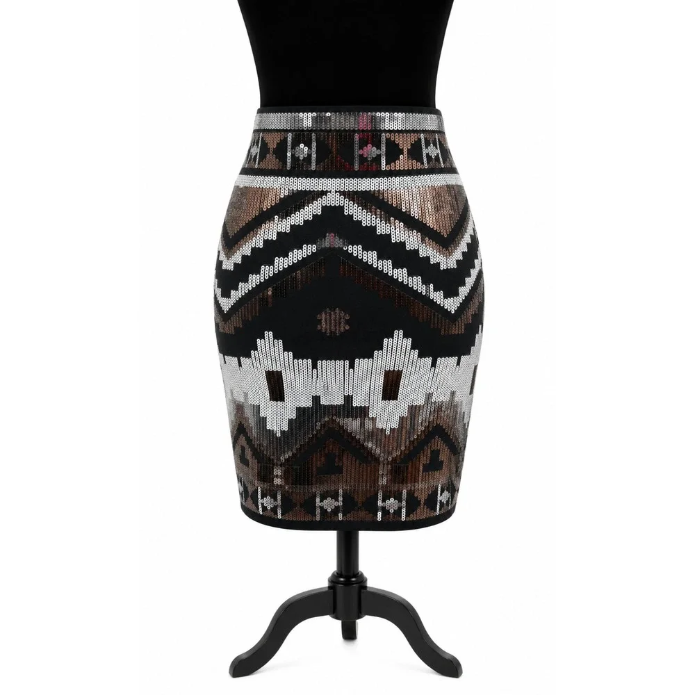Express Womens Allover Sequin Aztec Print Mini Skirt Size XS Black White Stretch